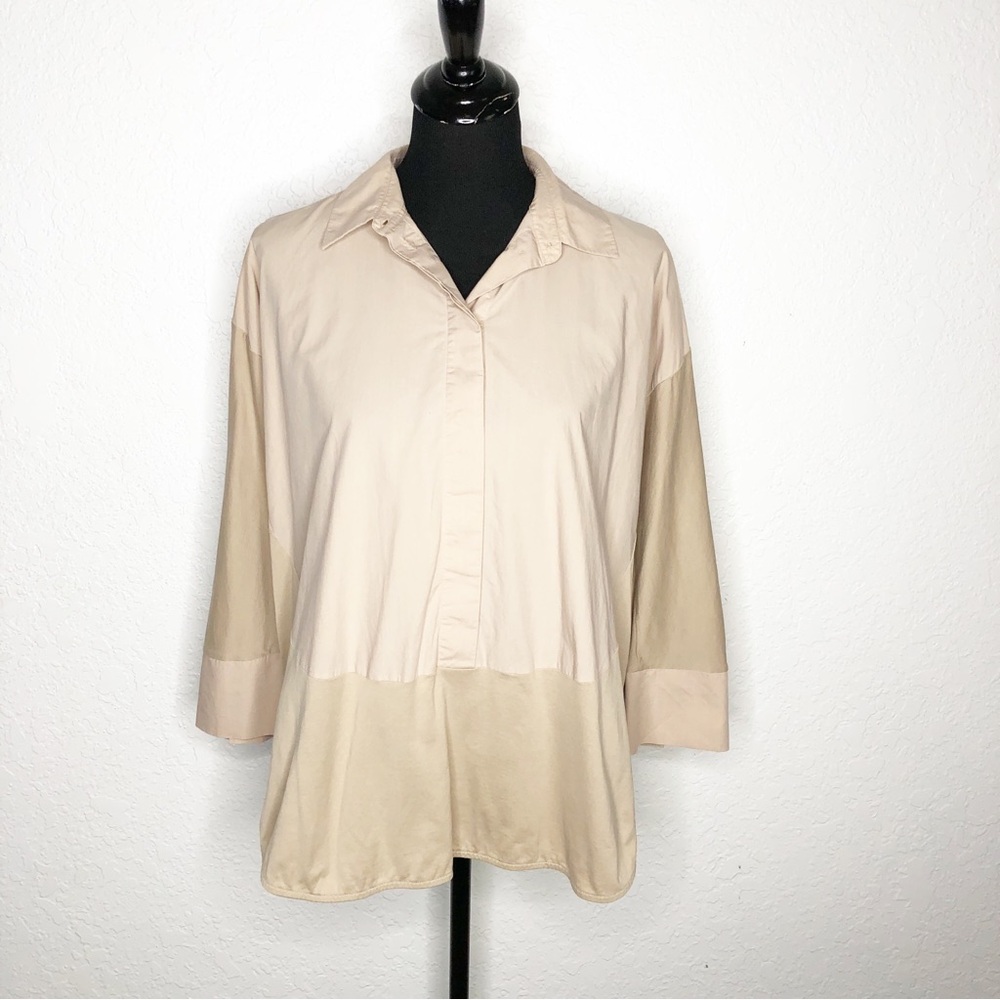 COS tan beige mixed material button down popover top size US Medium